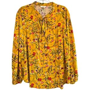 Terra & Sky Autumn Floral Button Up Top Size 3X Yellow Cottagecore Modest Bow